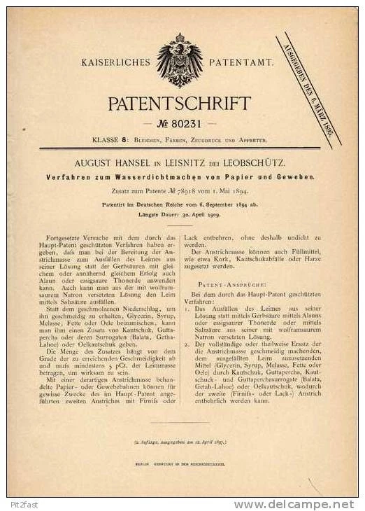 Historyczny druk patentu nr 80231 z nazwiskiem Augusta Hansela z Lisięcic